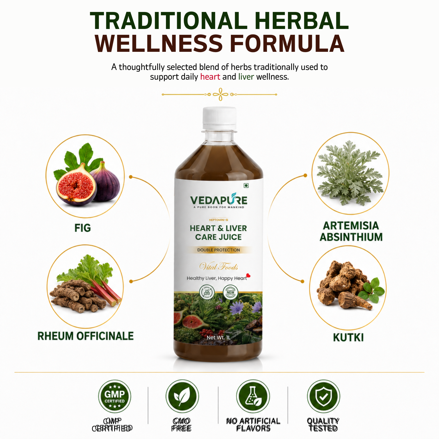 VEDAPURE Heart & Liver Care Juice 1000ml | Ayurvedic Liver Detox & Heart Health Juice | Herbal Liver Cleanse with Kasni, Revand Chini, Anjeer & Fennel | No Added Sugar | GMP Certified (Pack of 1)