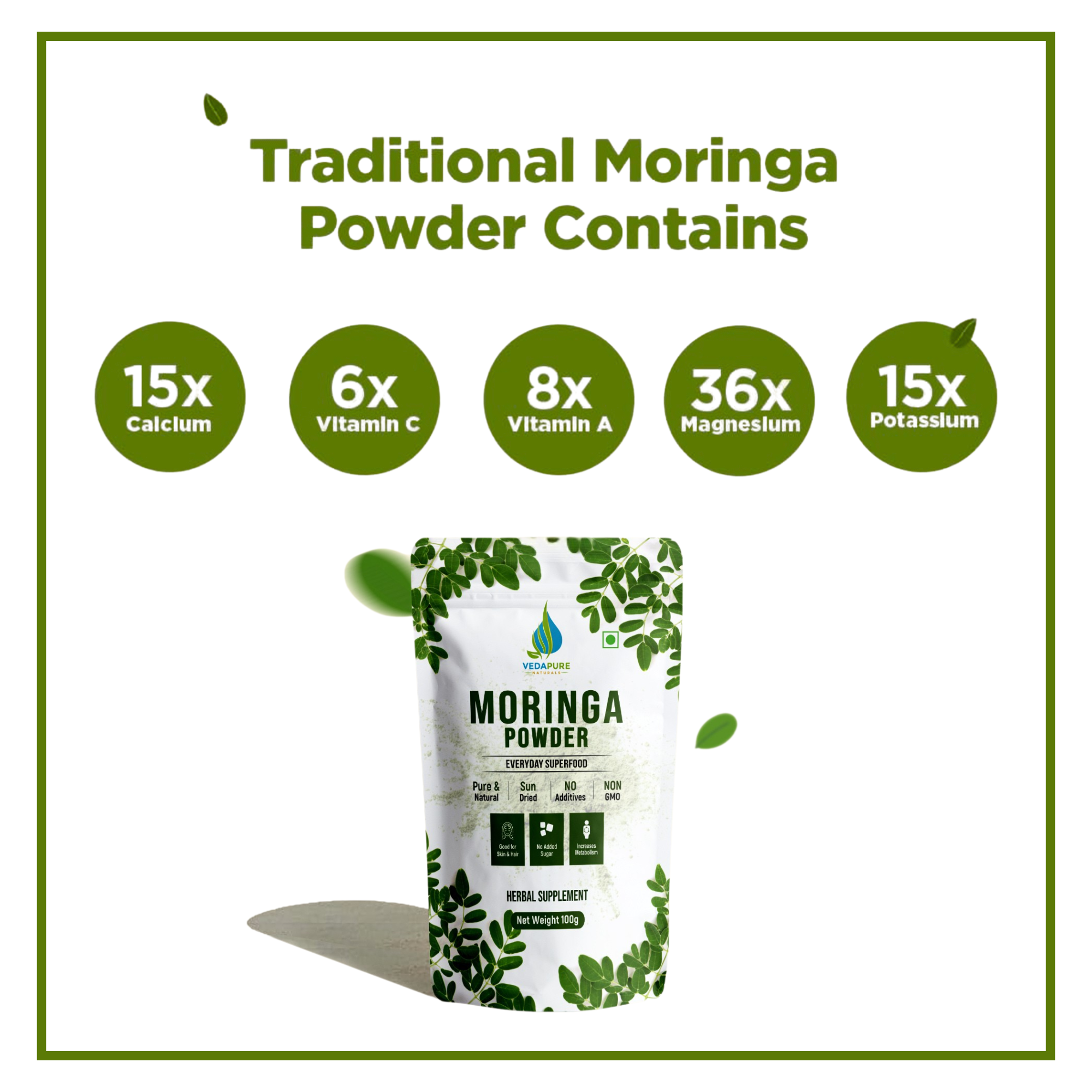 Vedapure  Pure Moringa Leaf Powder | For Skin & Hair Health | Herbal Supplement | - 100 GM