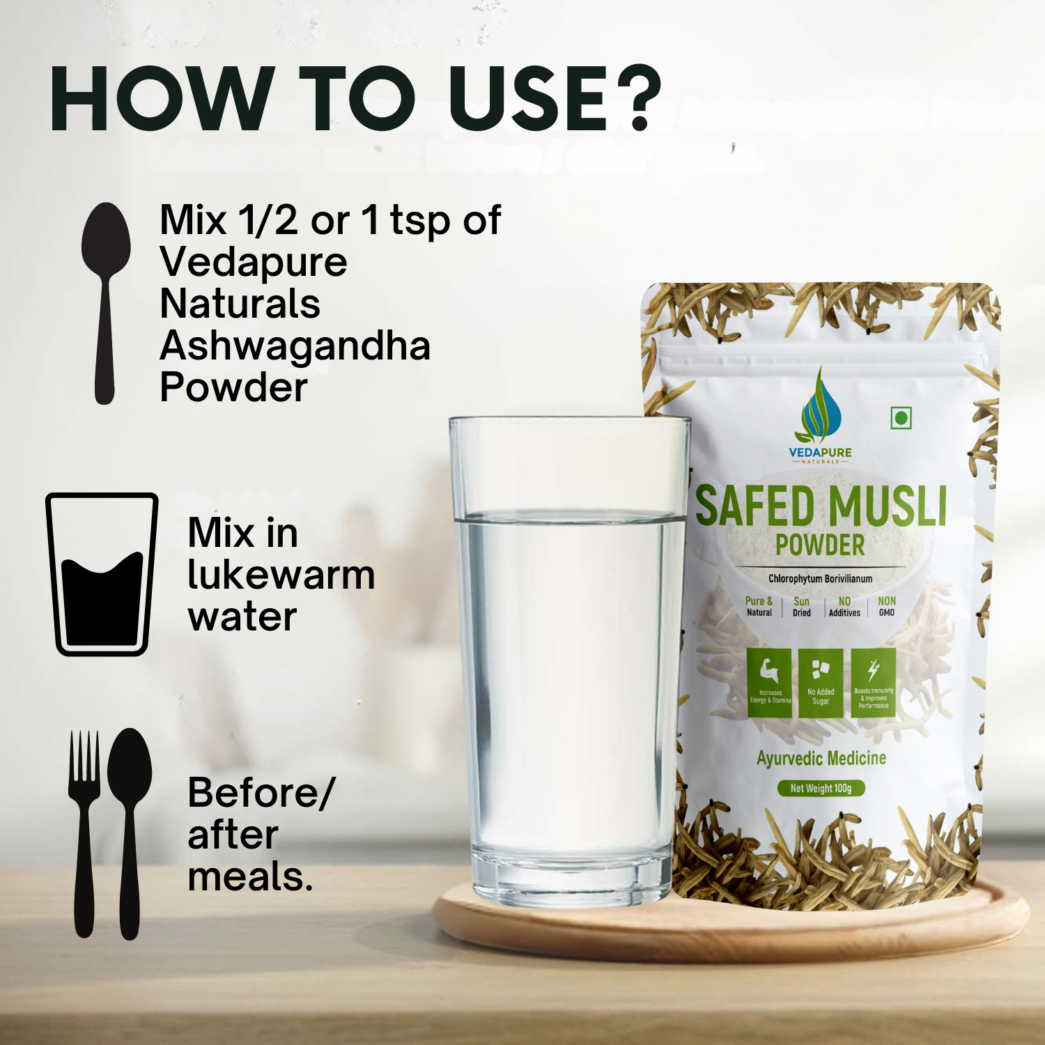 Vedapure Safed Musli Powder – Pure Ayurvedic Herb for Vitality, Stamina & Overall Wellness – 100g