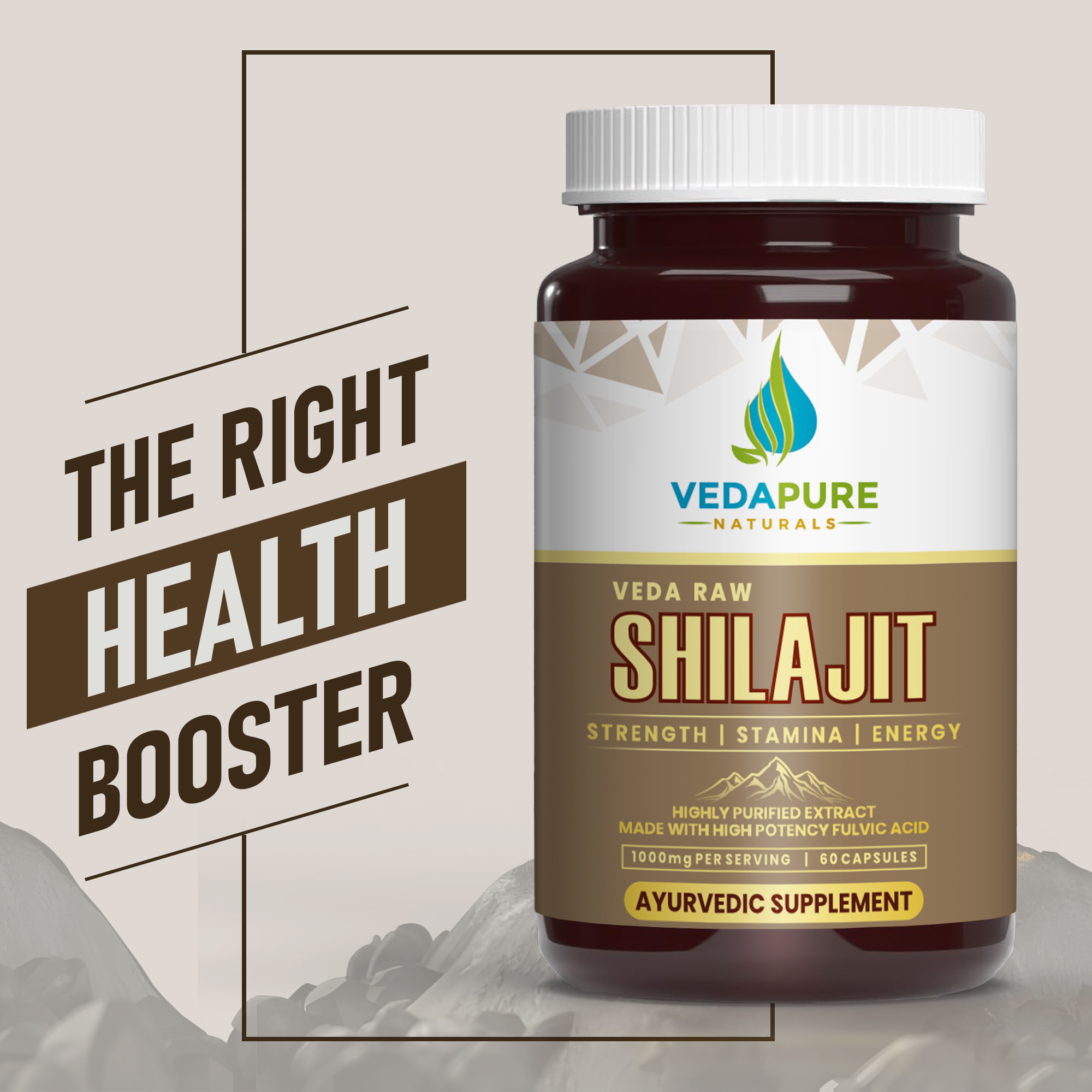 Veda Raw Shilajit Capsules 100mg – 60 Capsules | Pure Himalayan Shilajit for Strength, Stamina & General Health | Ayurvedic Energy & Vitality Booster