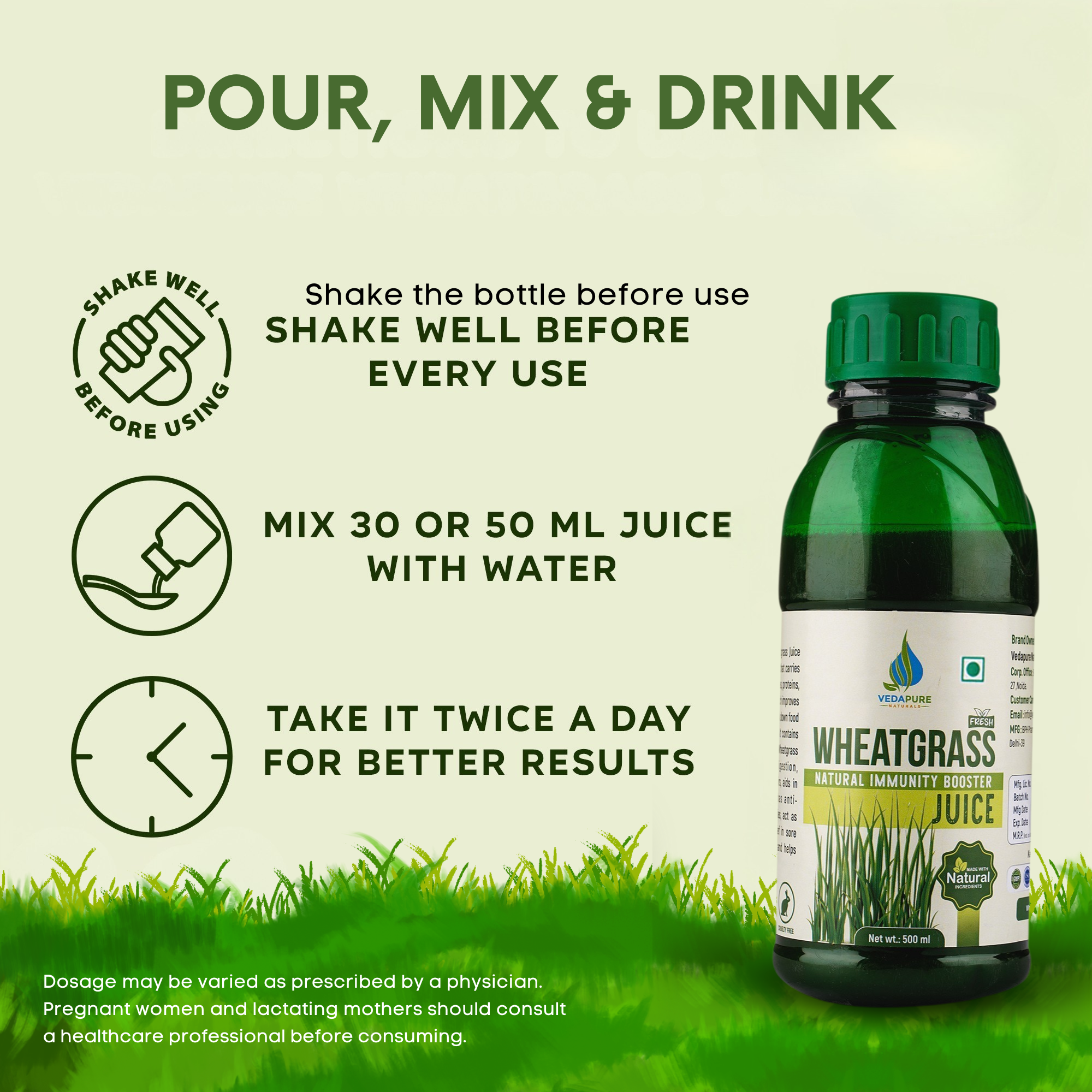 Vedapure Naturals Pure Wheatgrass Juice | Improves Immunity, Boosts Energy and Detoxify - 500ML