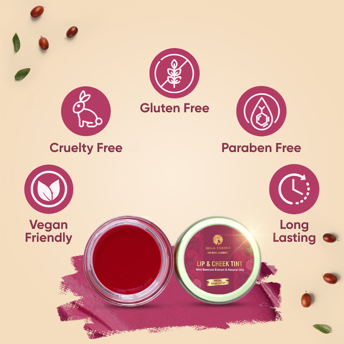 REGAL ESSENCE Lip, Eye & Cheek Tint, and blush, & peachy Pink, with beetroot Extract, Cocoa, Coconut & Olive Oil Organic Free Applicator for Deep Moisturizing and nourishing with Almond Oil and shea Butter, 5  Gm ( COMBO PACK ) VedapureNaturals