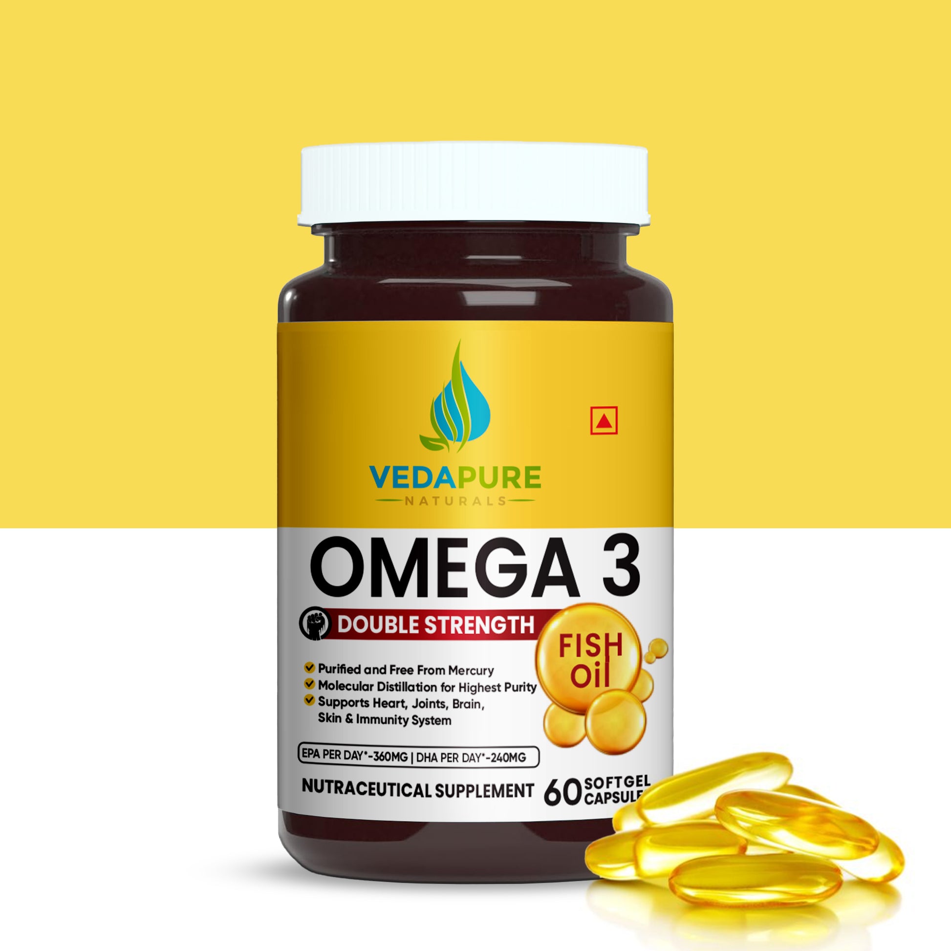 Double Strength Omega 3 Fish Oil 1000mg- 60 Softgel Vedapure Naturals