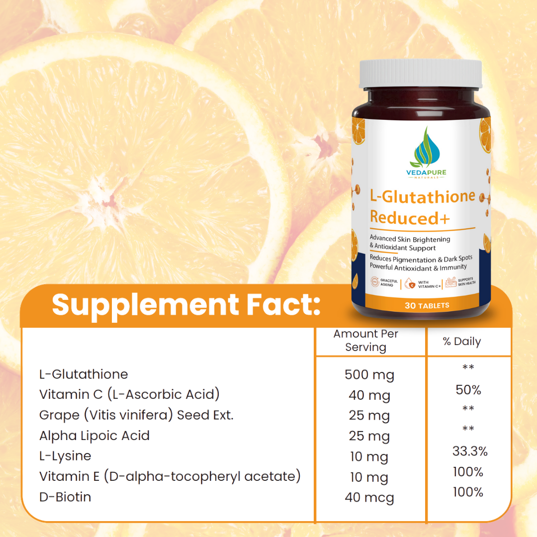 Vedapure L-Glutathione Capsules with Vitamin C & E – Skin Glow, Detox & Immunity – 30 Caps