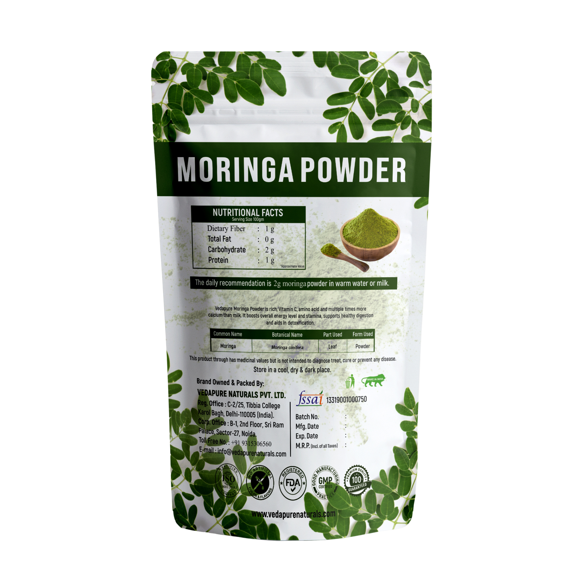 Vedapure  Pure Moringa Leaf Powder | For Skin & Hair Health | Herbal Supplement | - 100 GM