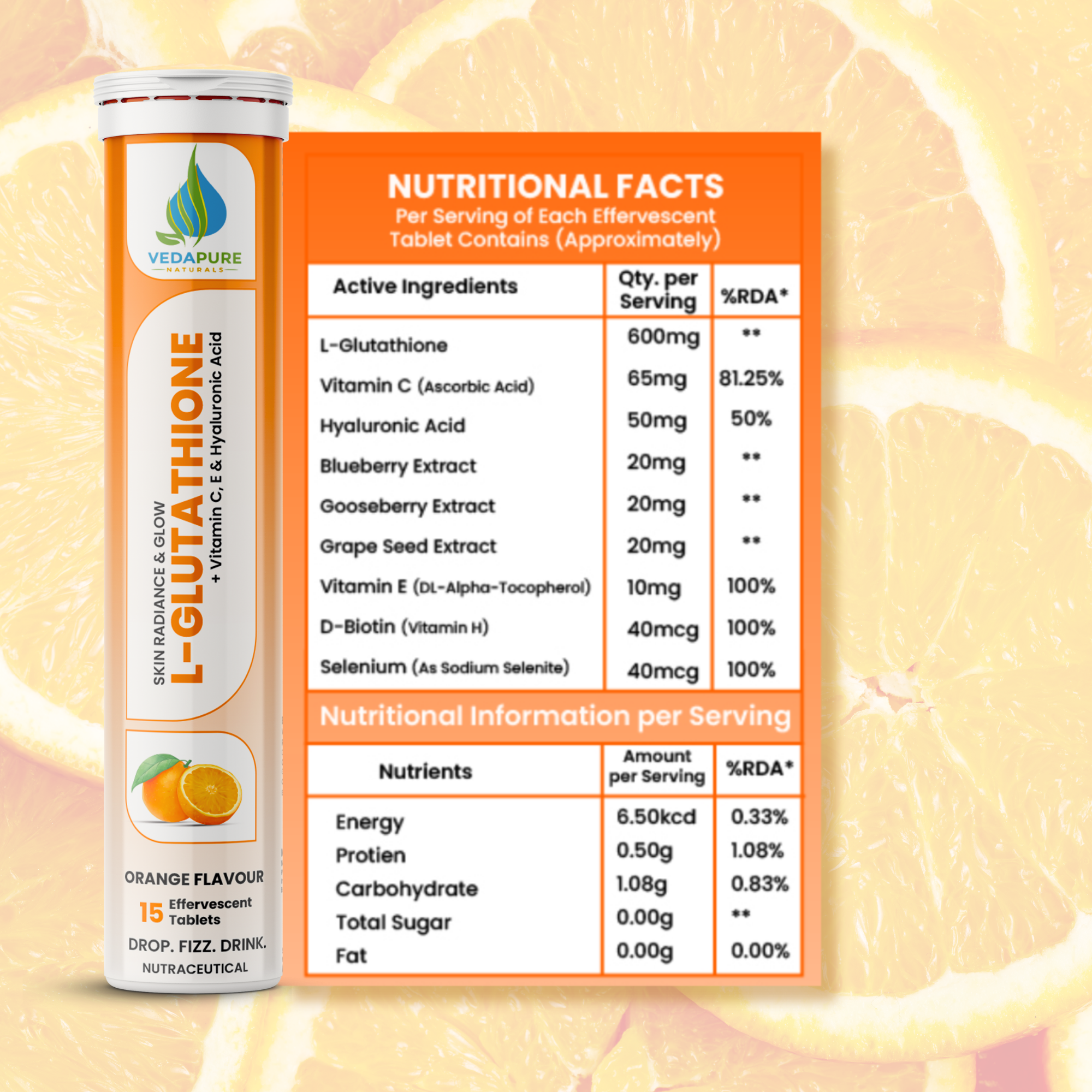 Vedapure L Glutathione Orange & Watermelon & Strawberry Effervescent