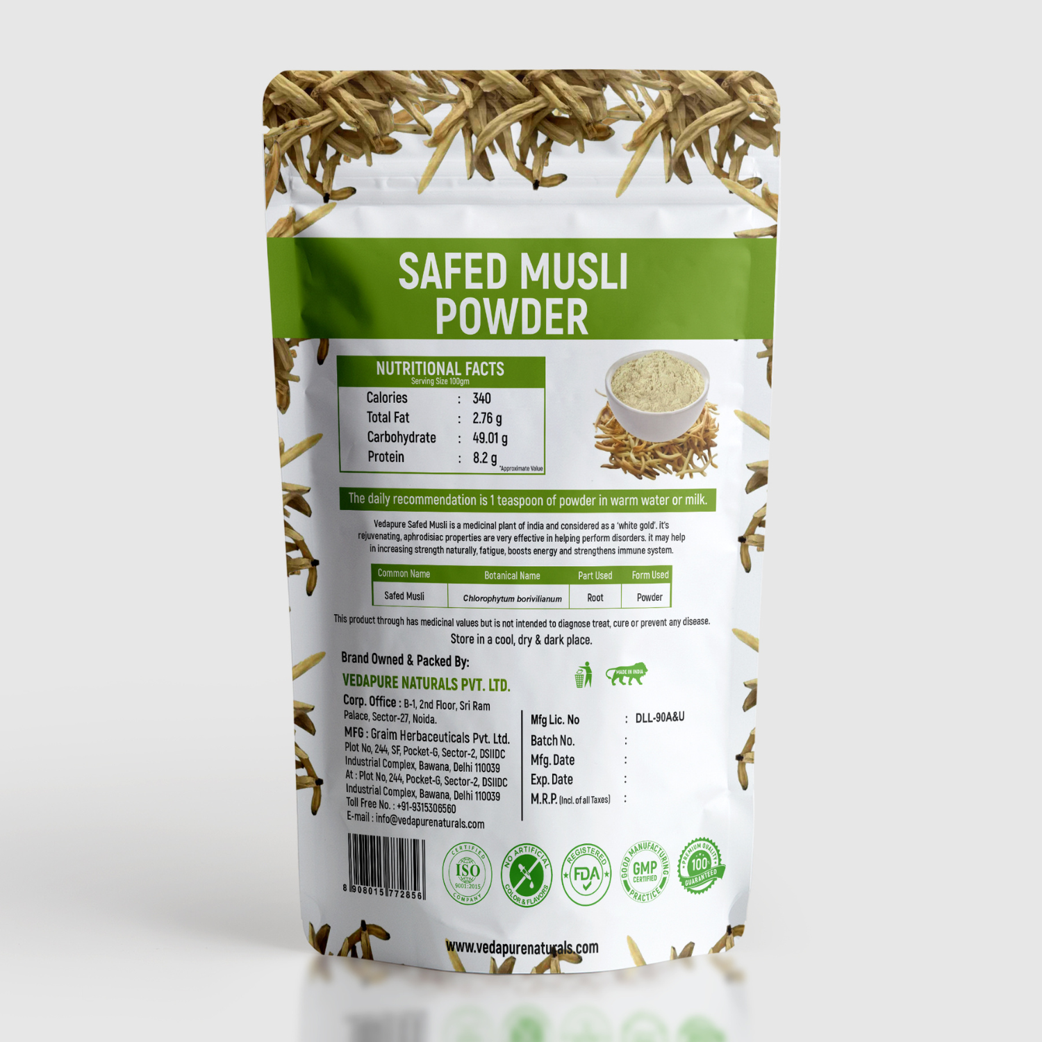 Vedapure Safed Musli Powder – Pure Ayurvedic Herb for Vitality, Stamina & Overall Wellness – 100g