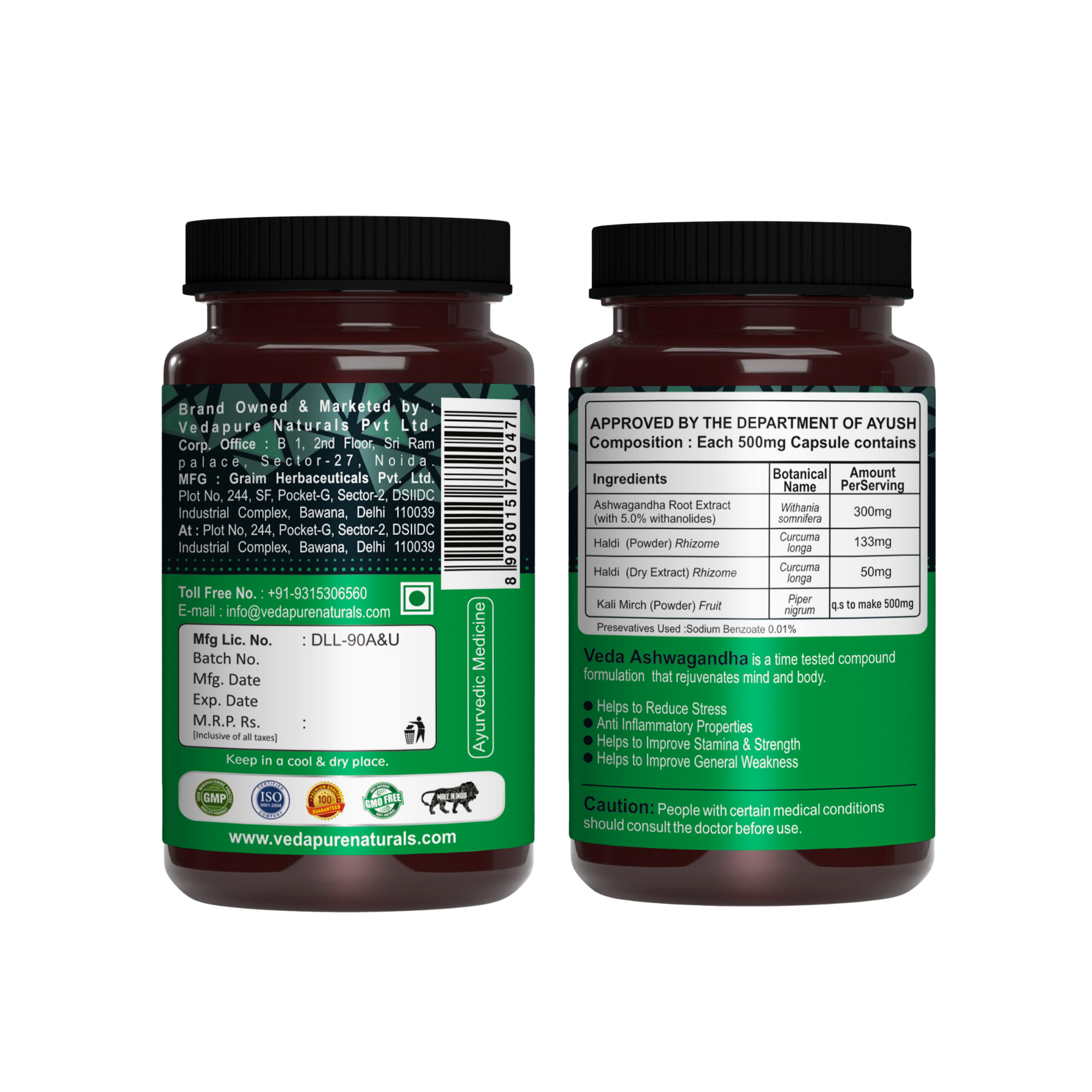 Vedapure Ashwagandha 100mg – Combats Stress & Anxiety with Turmeric & Black Pepper – 60 Caps.