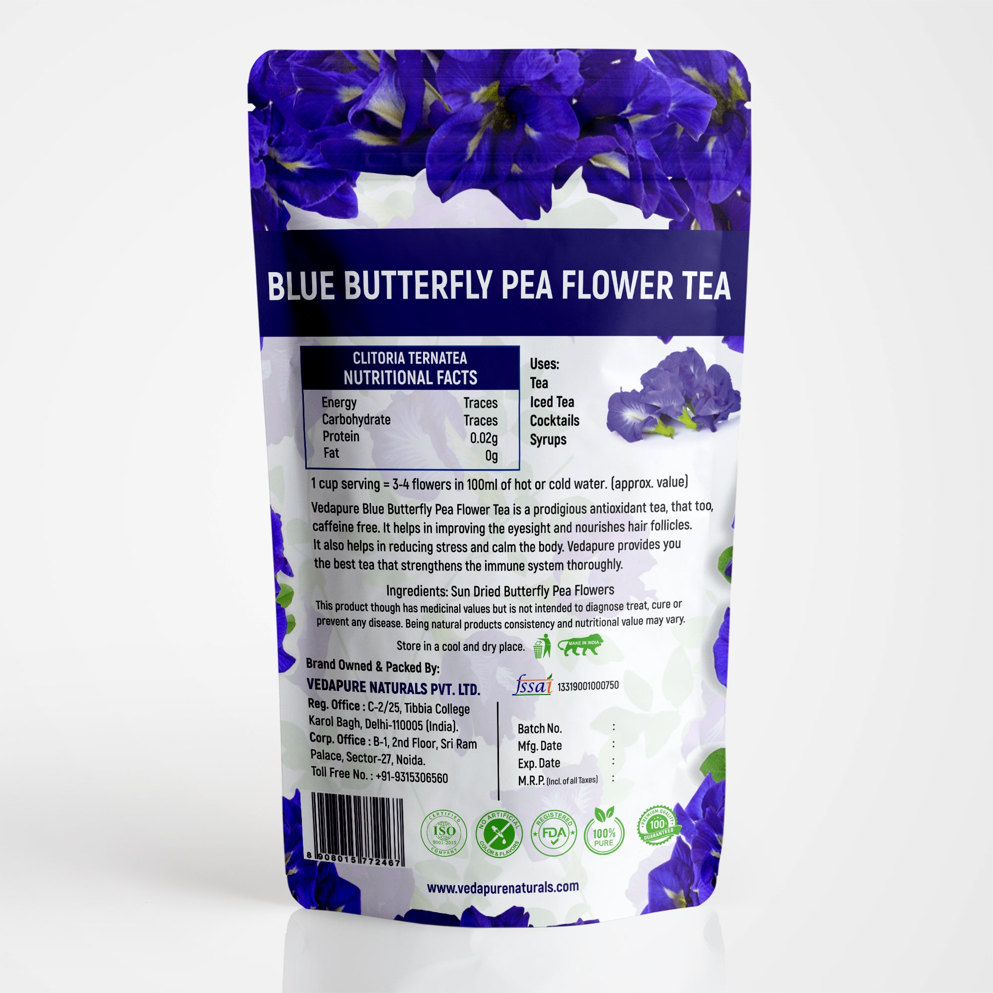 Vedapure Naturals Blue Butterfly Pea Flower Tea 25 g Vedapure Naturals