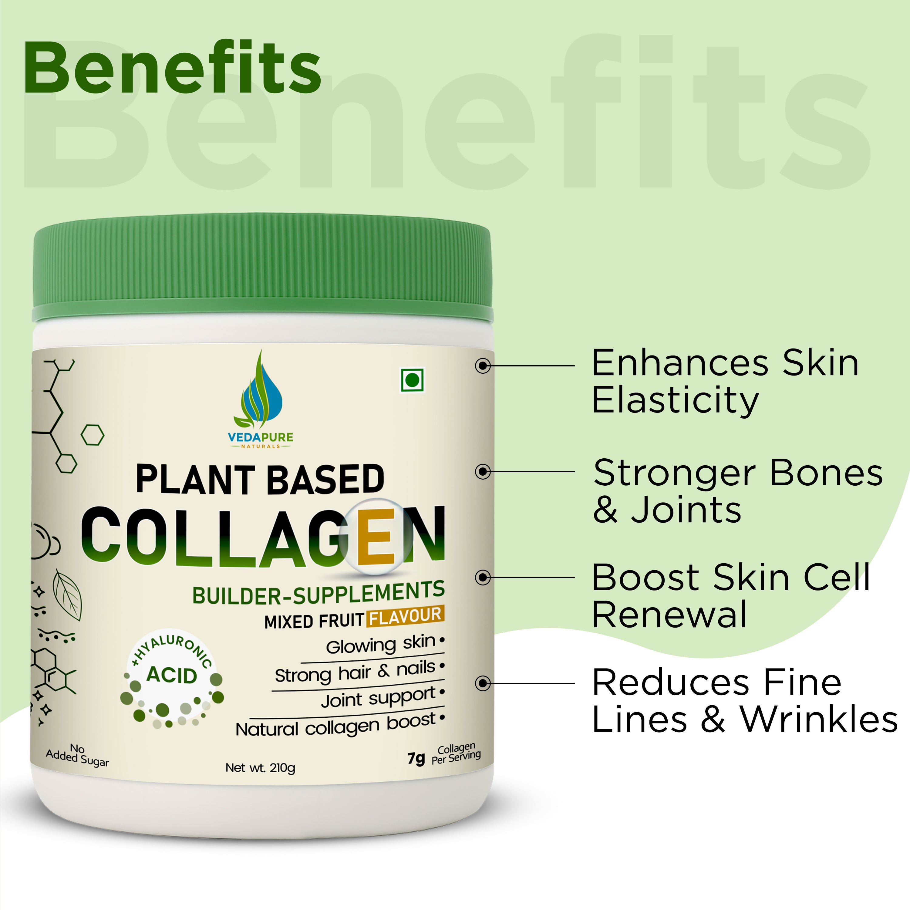 Vedapure Plant-Based Collagen | Vegan Booster with Biotin & Hyaluronic Acid | Skin Glow – 210g