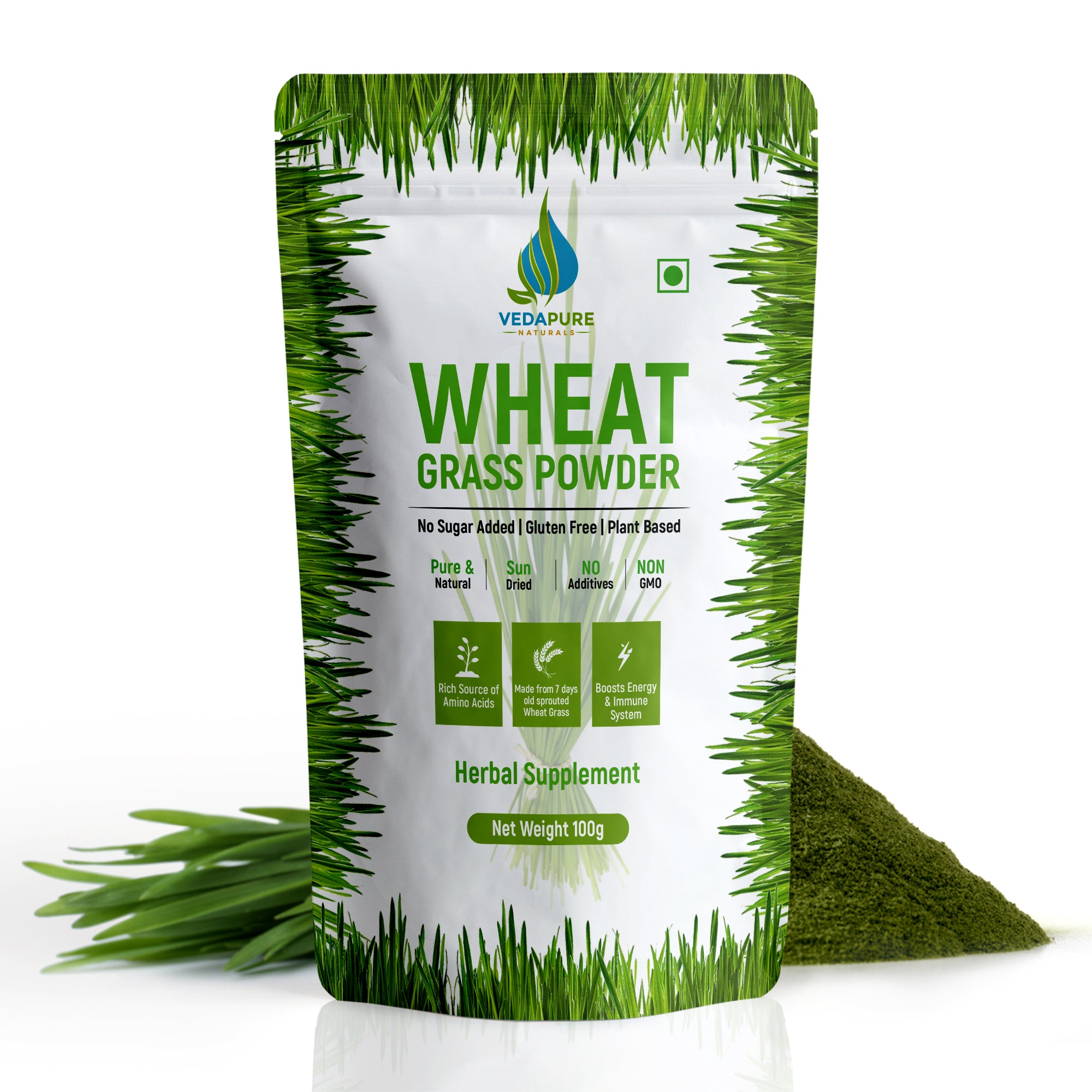 Vedapure Wheatgrass Powder – Pure & Natural Detox Superfood for Immunity & Energy – 100g