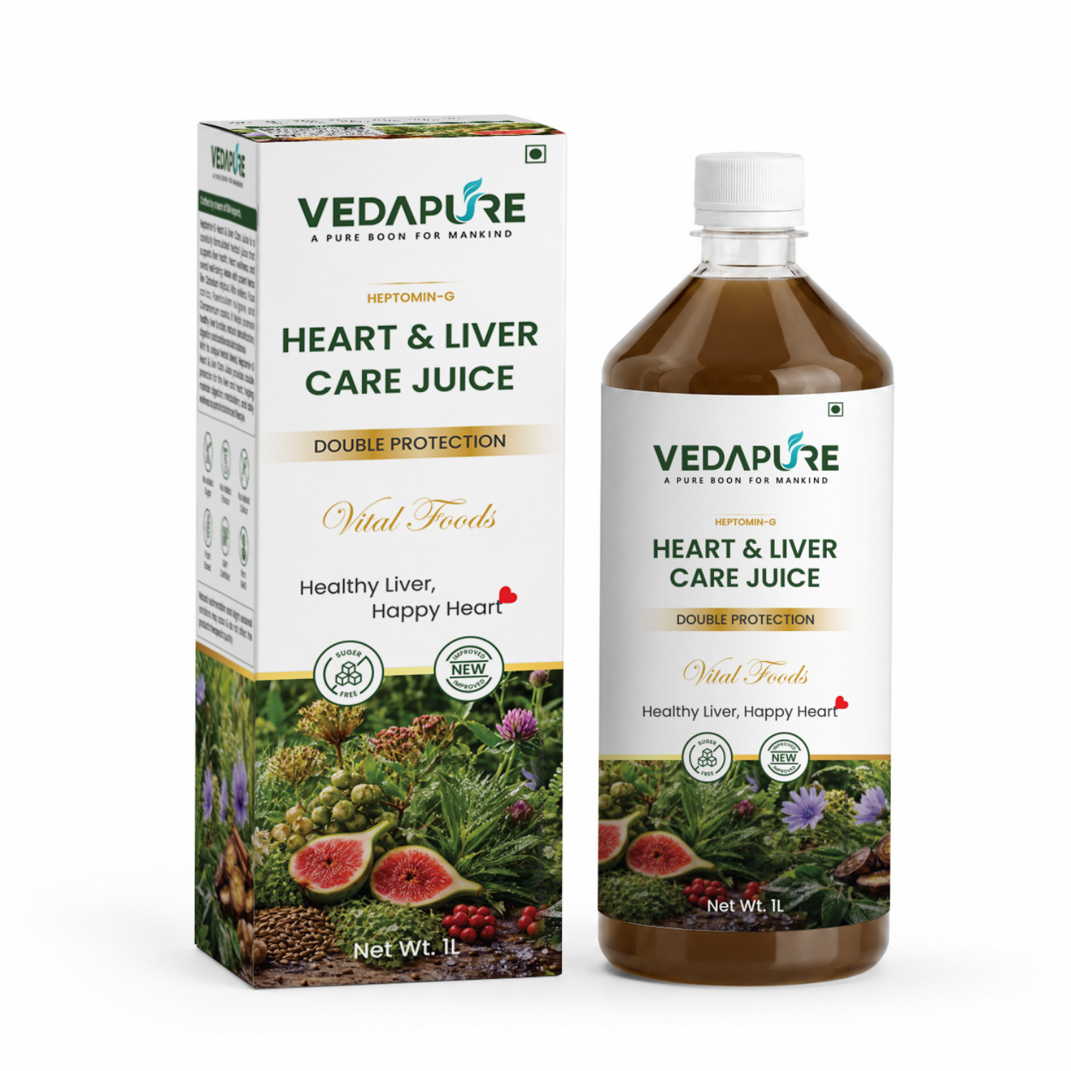 VEDAPURE Heart & Liver Care Juice 1000ml | Ayurvedic Liver Detox & Heart Health Juice | Herbal Liver Cleanse with Kasni, Revand Chini, Anjeer & Fennel | No Added Sugar | GMP Certified (Pack of 1)