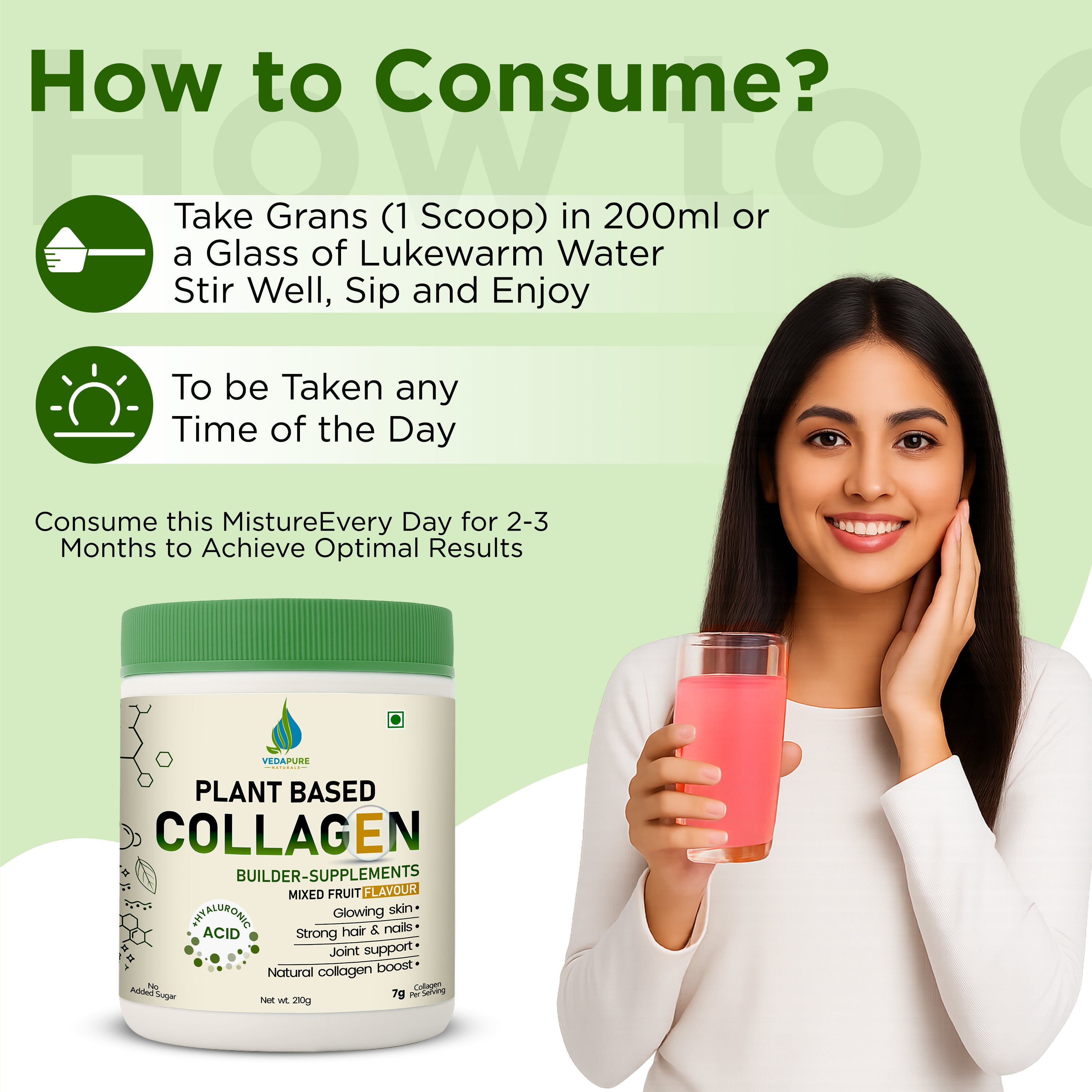 Vedapure Plant-Based Collagen | Vegan Booster with Biotin & Hyaluronic Acid | Skin Glow – 210g