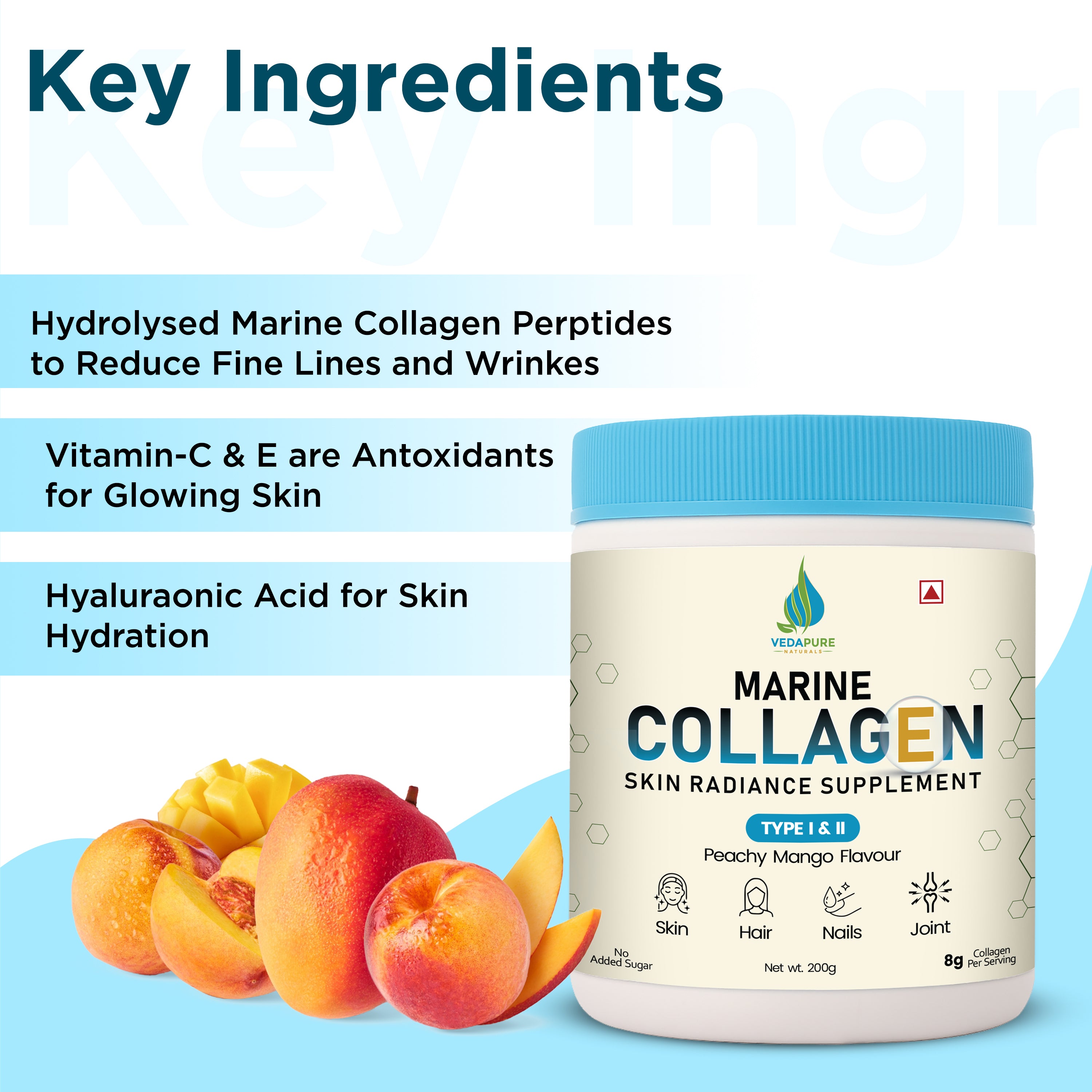 Vedapure Marine Collagen 200g – Peachy Mango | Biotin, Vit C & E | For Skin, Hair, Joints & Nails