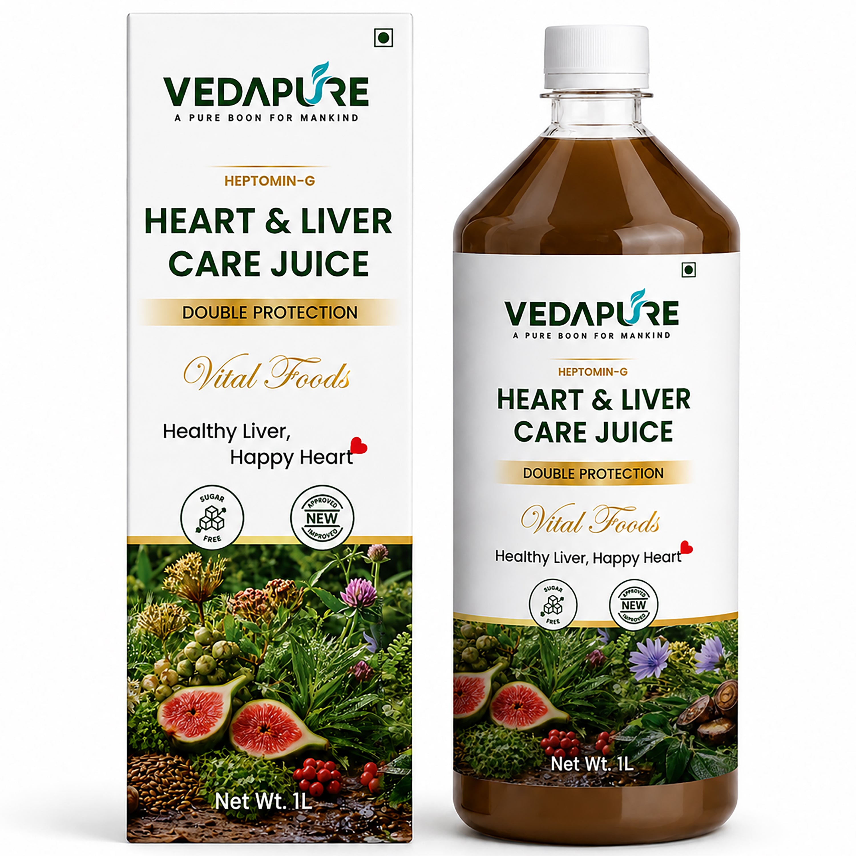 VEDAPURE Heart & Liver Care Juice 1000ml | Ayurvedic Liver Detox & Heart Health Juice | Herbal Liver Cleanse with Kasni, Revand Chini, Anjeer & Fennel | No Added Sugar | GMP Certified (Pack of 1)