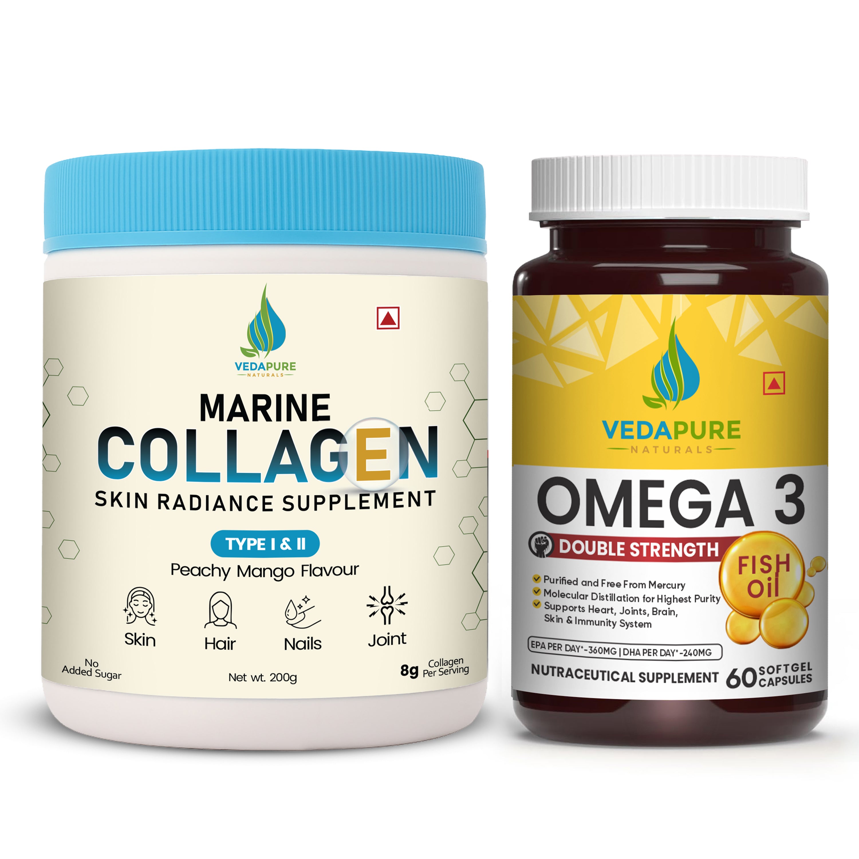 COMBO - Marine Collagen 210 g & Omega 3 Fatty Acid Softgel 60 N | Amino Acids | Biotin | 360 EPA & 240 DHA | Vitamin C & E | Healthy Heart, Eyes, Skin, Joints, Hairs & Nails