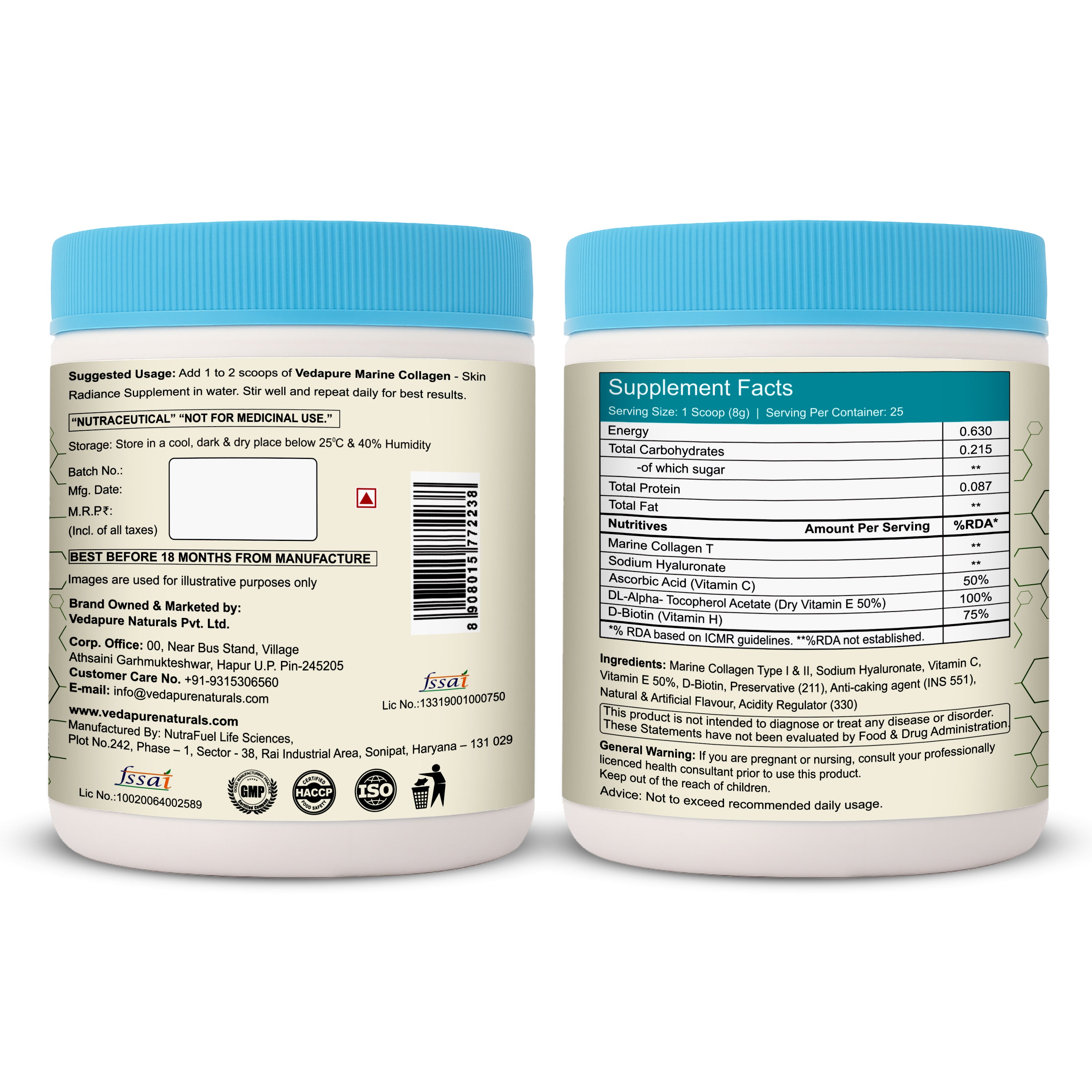 Vedapure Marine Collagen 200g – Peachy Mango | Biotin, Vit C & E | For Skin, Hair, Joints & Nails