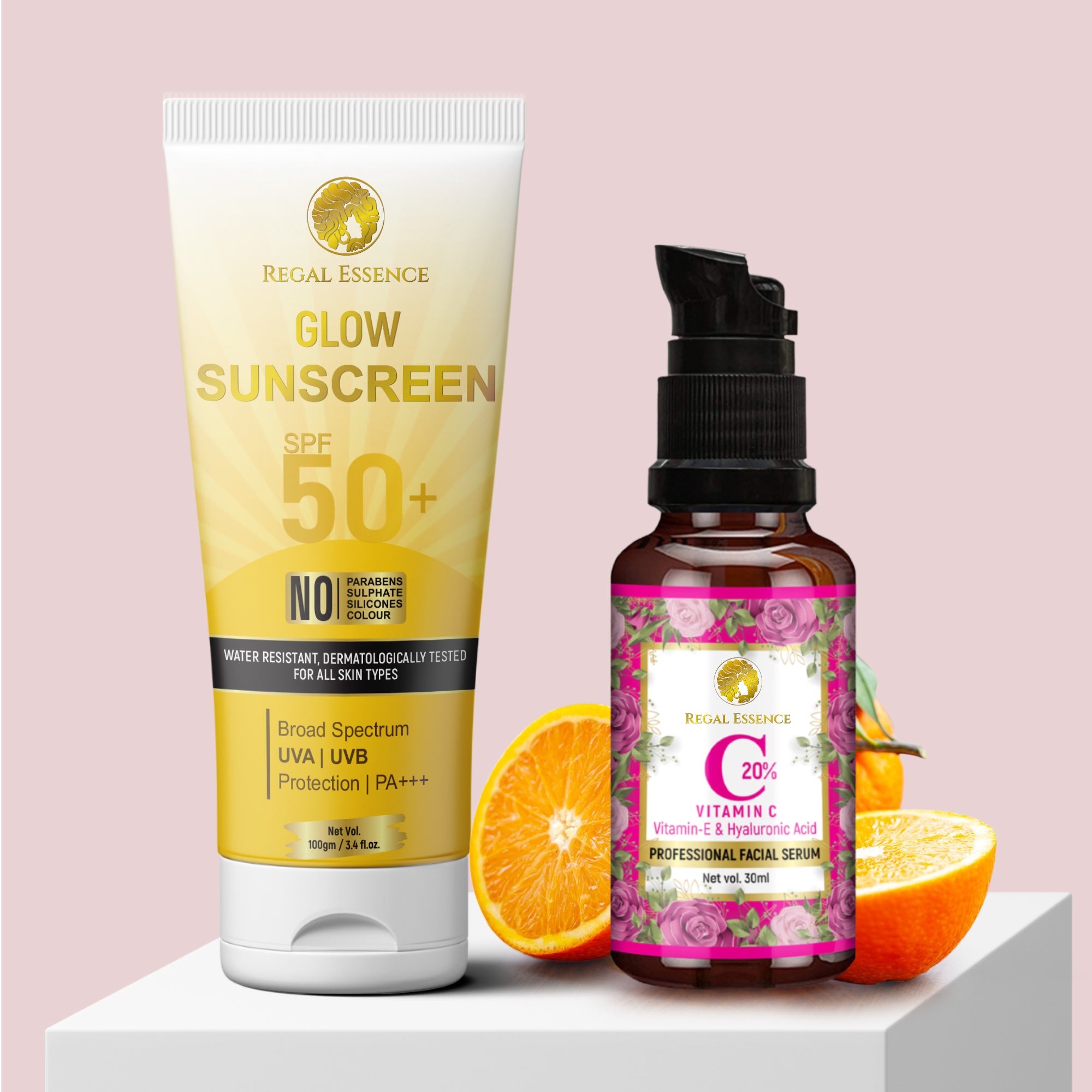 Regal Essence Glow Sunscreen SPF 50 & Vitamin C 20% Facial Serum (30 ml)  for Better Skin  ( COMBO PACK ) Regal Essence