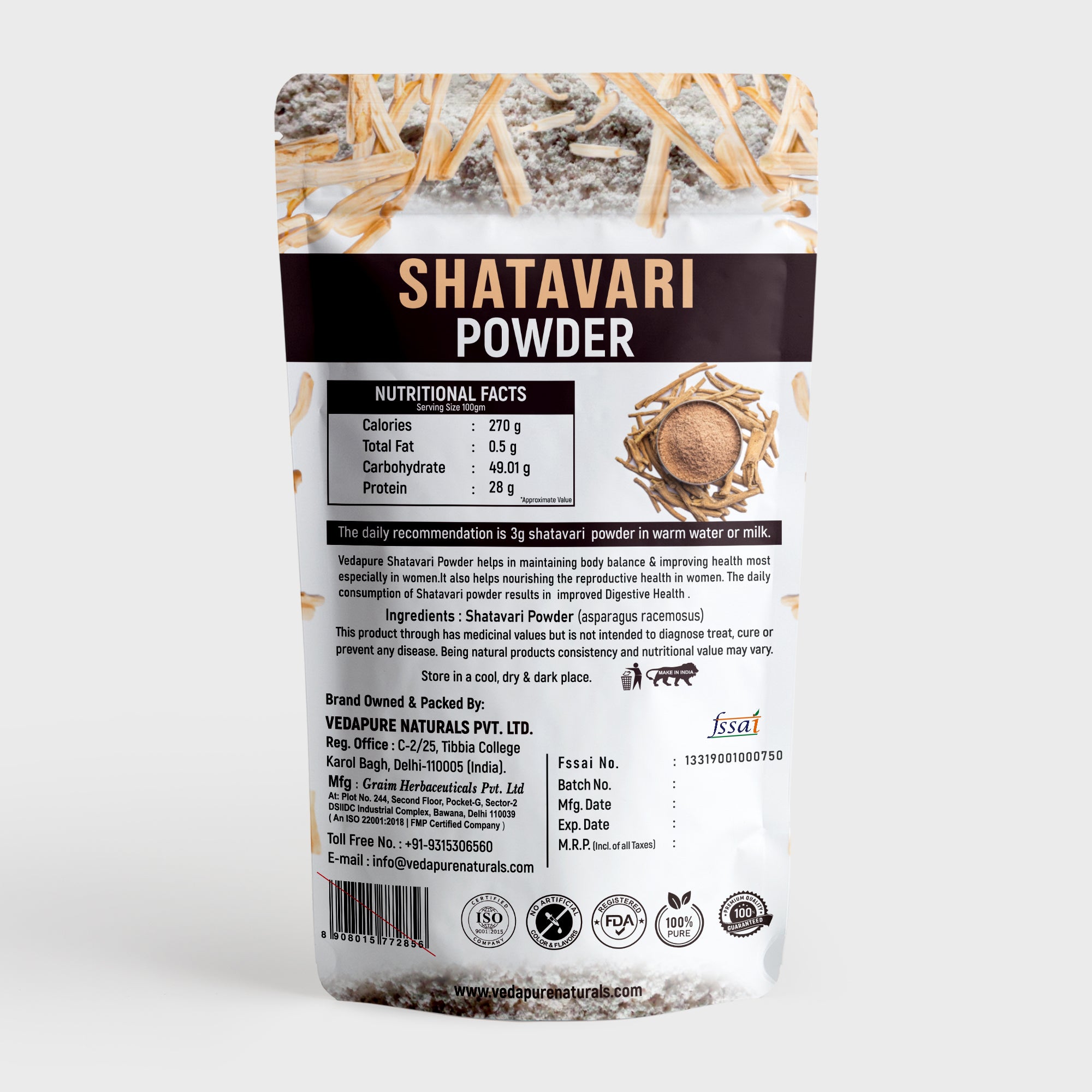 VEDAPURE NATURALS & Pure Shatavari Powder | Herbal Supplement | Ayurvedic Shatavari Powder to Support Women Health | Supports Digestion & Balance Hormones | 100 gm VedapureNaturals