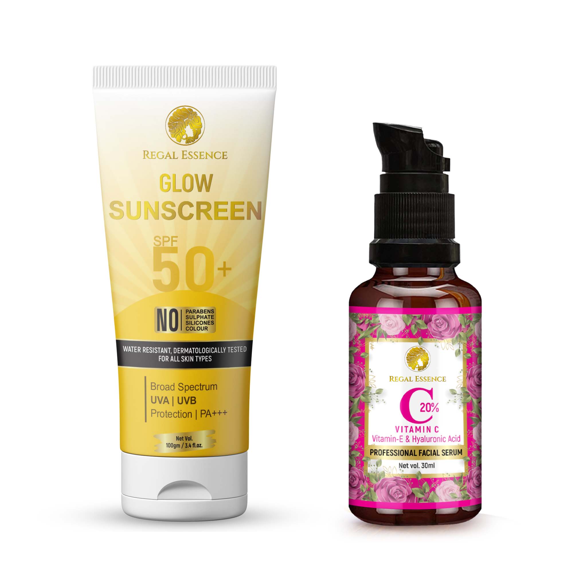 Regal Essence Glow Sunscreen SPF 50 & Vitamin C 20% Facial Serum (30 ml)  for Better Skin  ( COMBO PACK ) Regal Essence