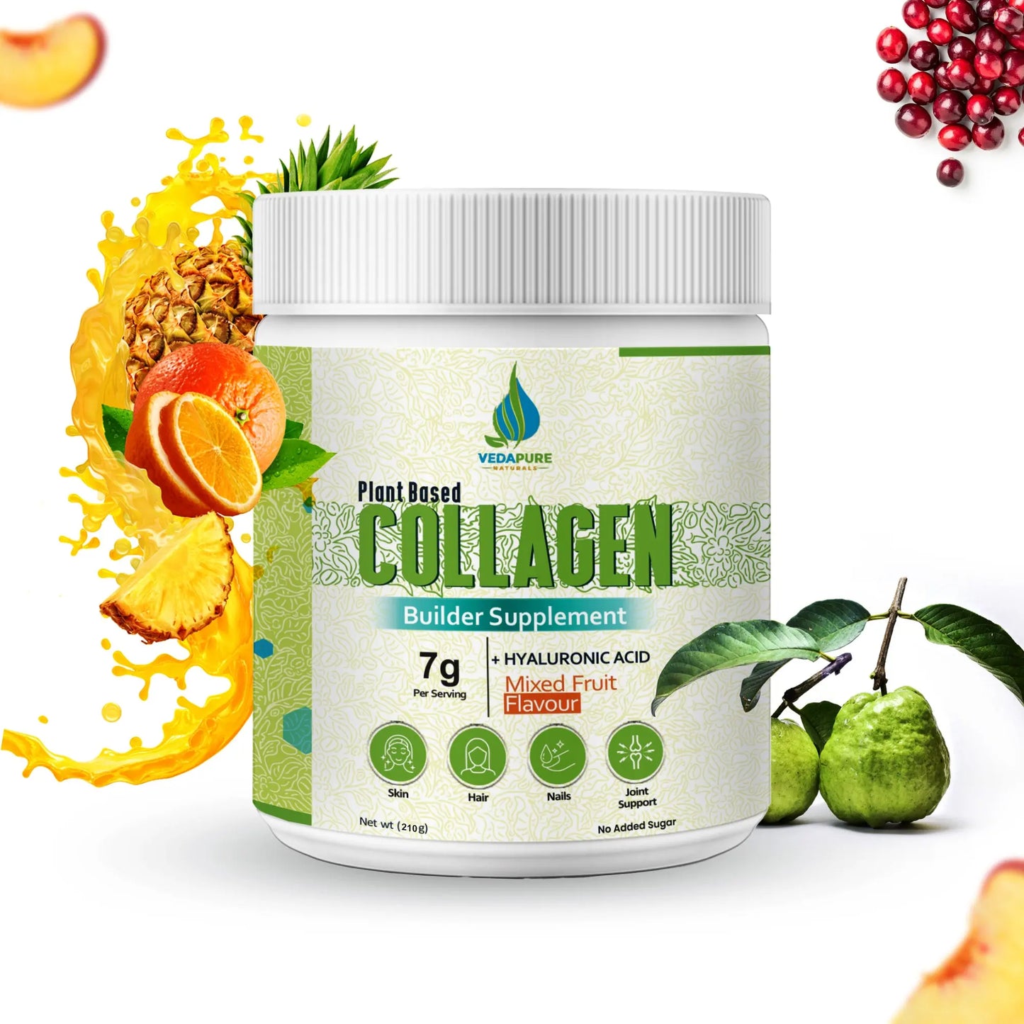 Vedapure Plant Based Skin Collagen Builder Supplement | Mixed Fruit, 210g| Skin Collagen Booster for Men & Women with Hyaluronic Acid, Biotion, Vitamin E & C | Healthy Skin, Joints, Hairs & Nails VedapureNaturals