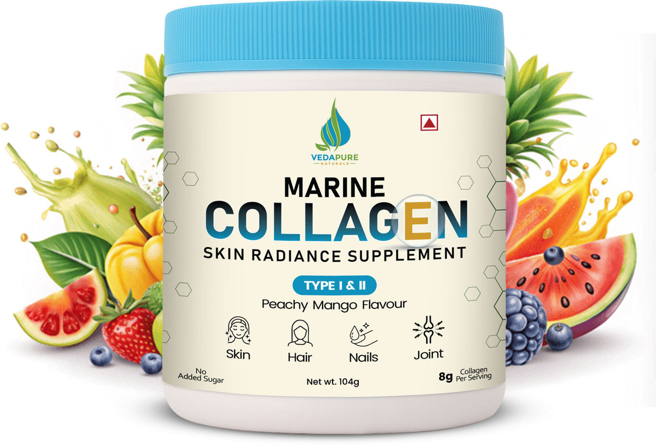 Vedapure Marine Collagen 104g – Peachy Mango | Biotin, Vit C & E | For Skin, Hair, Joints & Nails