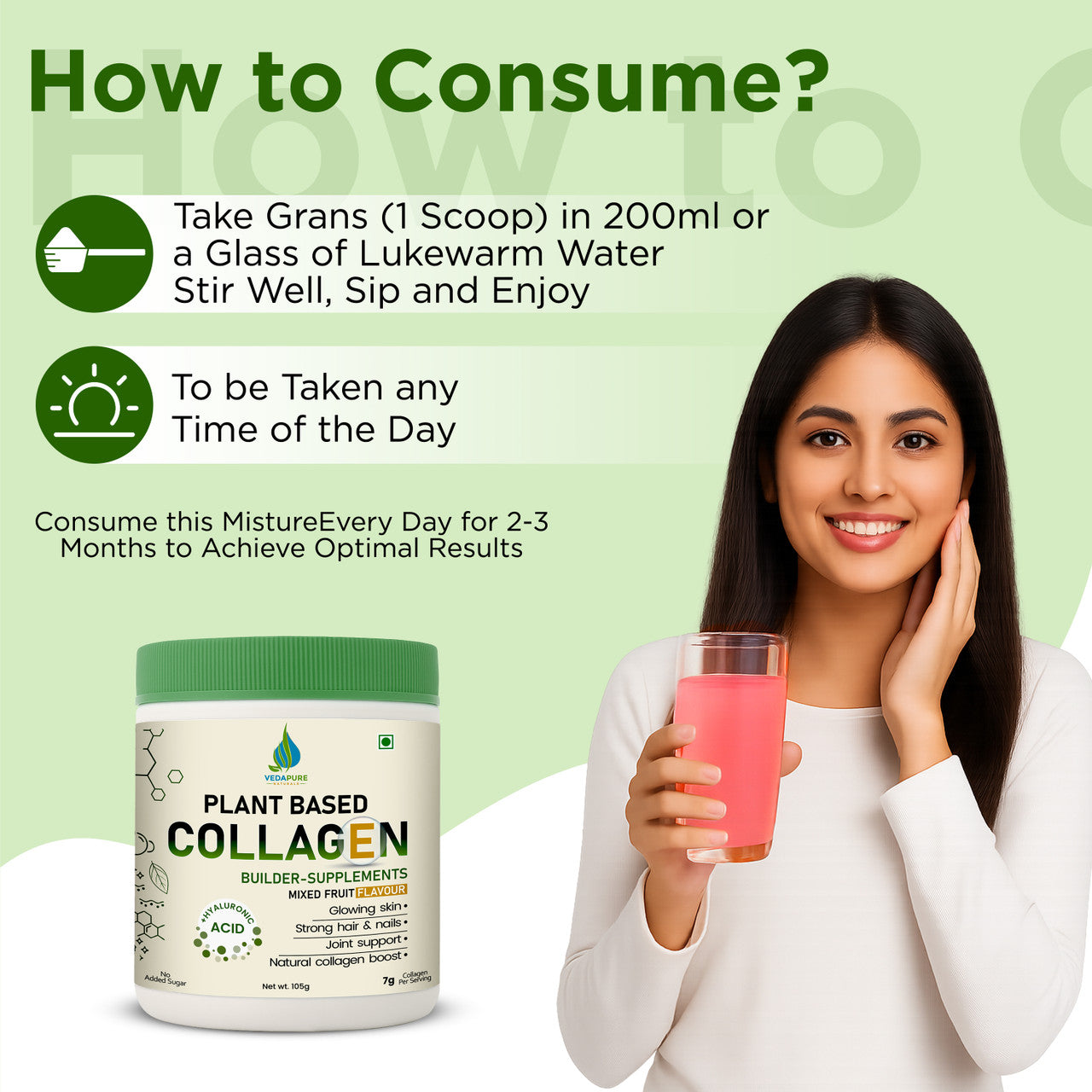 Vedapure Plant-Based Collagen | Vegan Booster with Biotin & Hyaluronic Acid | Skin Glow – 104g