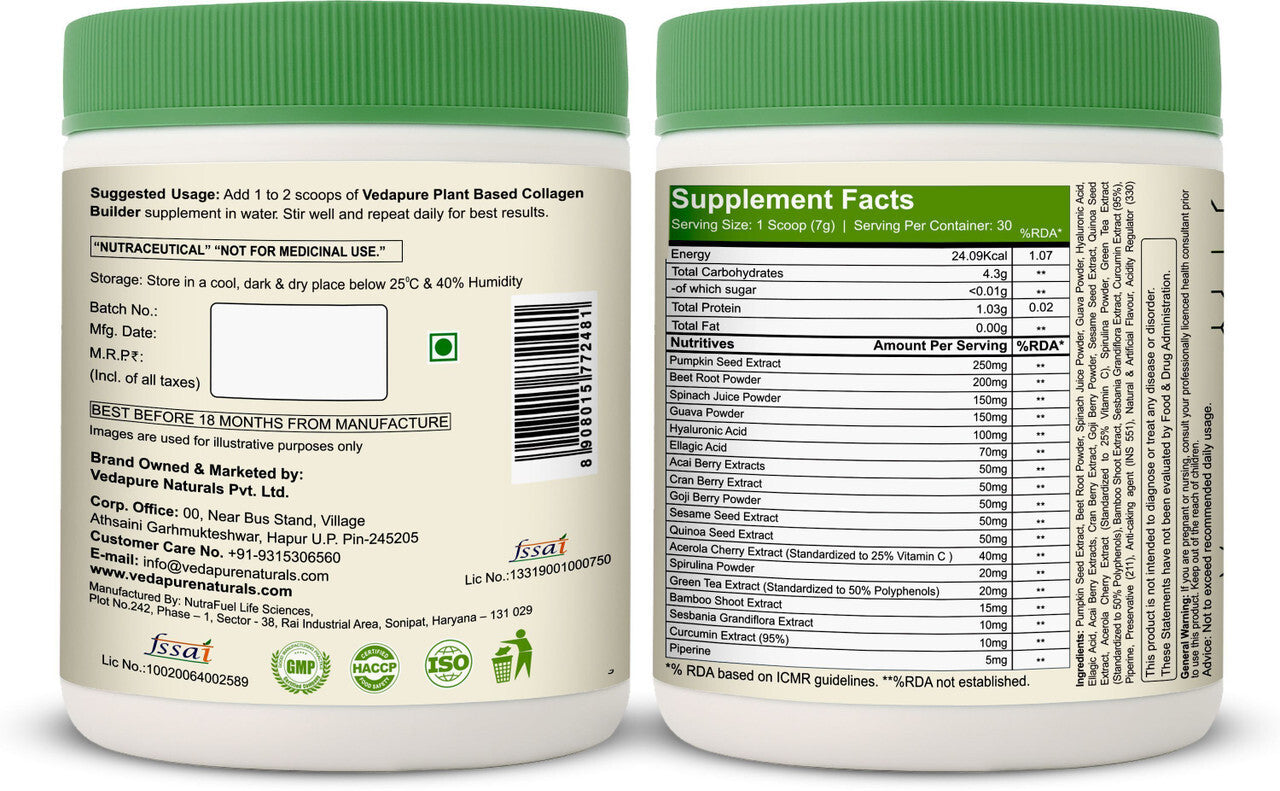 Vedapure Plant-Based Collagen | Vegan Booster with Biotin & Hyaluronic Acid | Skin Glow – 104g