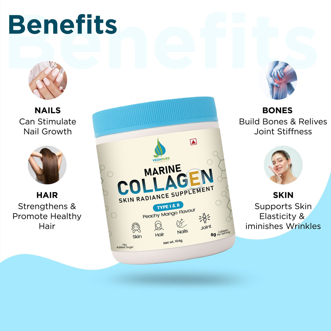 Vedapure Marine Collagen 104g – Peachy Mango | Biotin, Vit C & E | For Skin, Hair, Joints & Nails