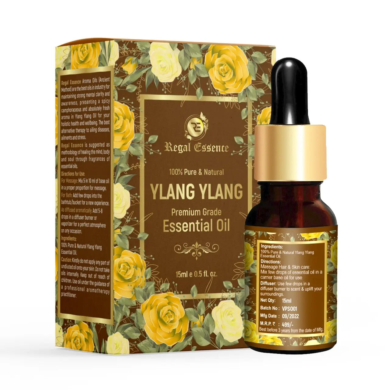REGAL ESSENCE Ylang Ylang Essential Oil-Pure, Organic, Natural & Undiluted Therapeutic Grade Oil| Healthy Hair, Face, Skin, Scalp, Control Acne & Oily Skin, Aromatherapy 15ml Vedapure Naturals