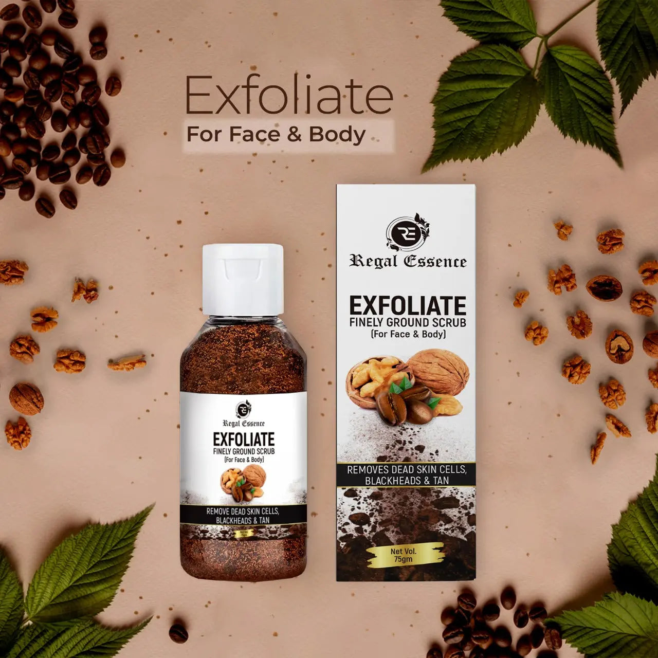 Regal Essence EXFOLIATE Face & Body Dry Srcub | Coffee & Walnut | Best Tan & Dead Skin Removal Scrub  (75 g) Regal Essence
