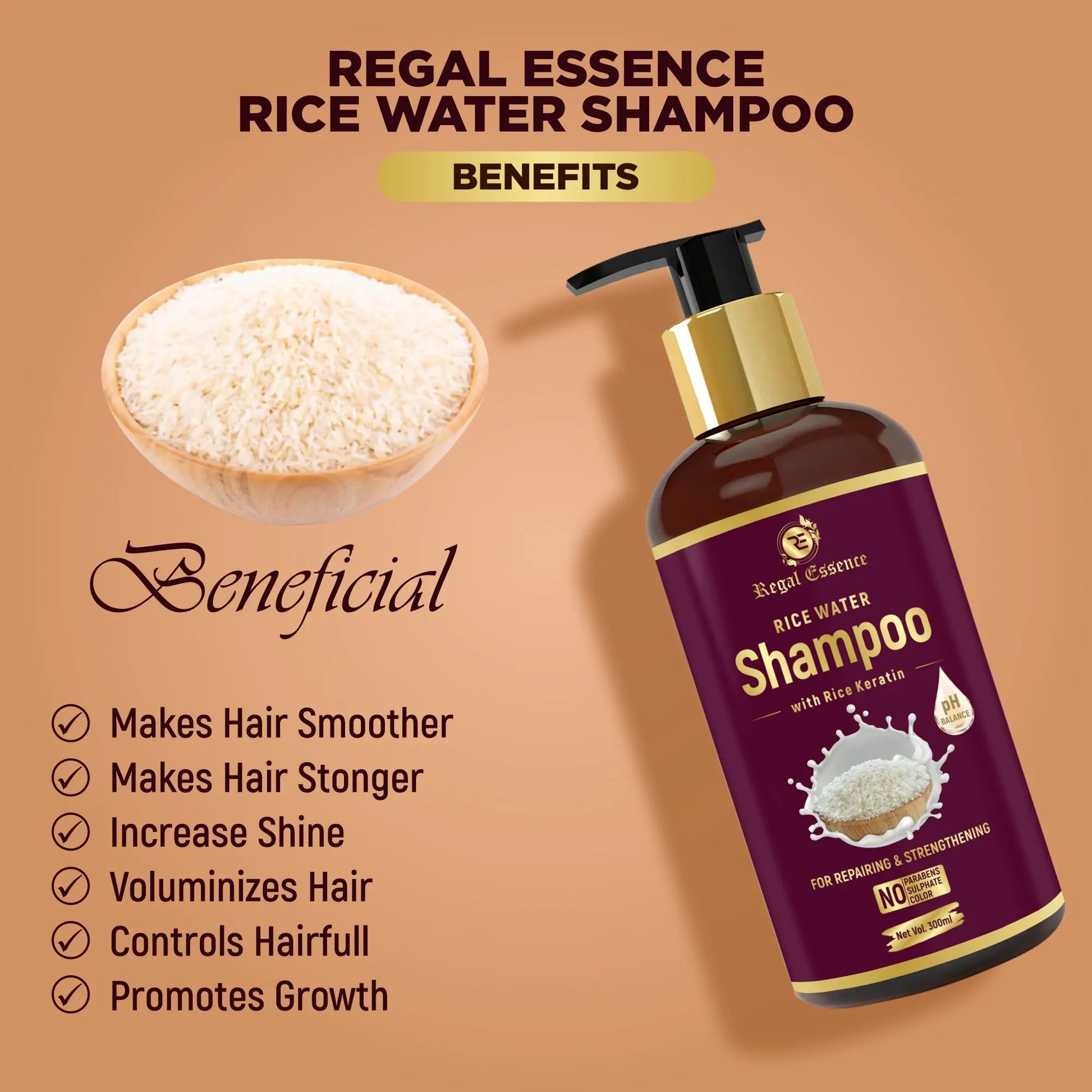 Regal Essence Rice Water Shampoo With Rice Keratin For Damaged, Dry & Frizzy Hair (300 ml) VedapureNaturals