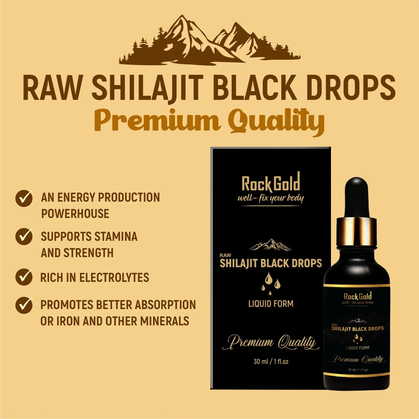 Rock Gold Pure Ayurvedic Raw Shilajit/ Shilajeet Liquid For Men & Women- 30ml Rock Gold