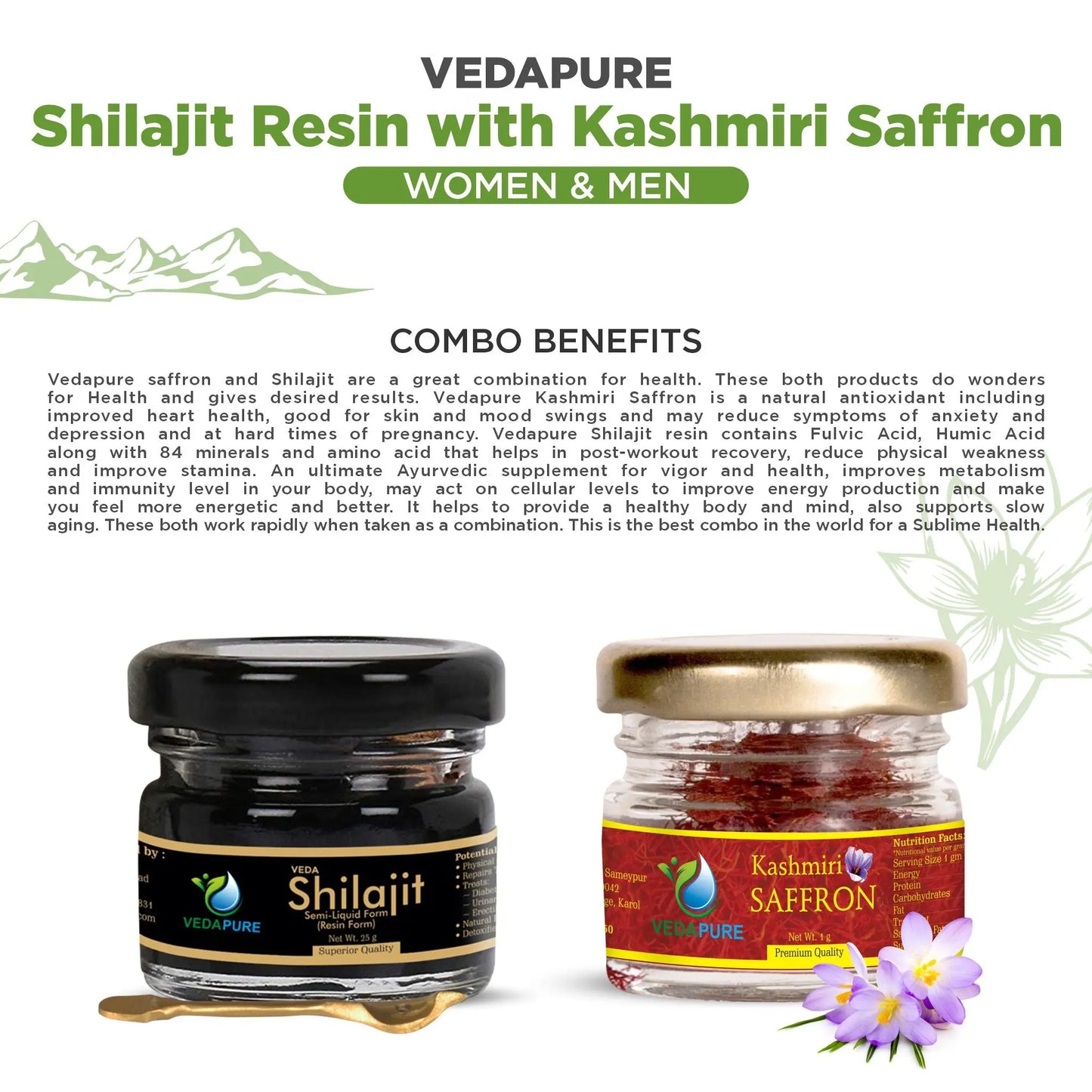 Vedapure Ayurvedic Natural and Pure Raw 25g Shilajit Resin with 1g Kashmir Kesar Saffron Combo Pack Vedapure Naturals
