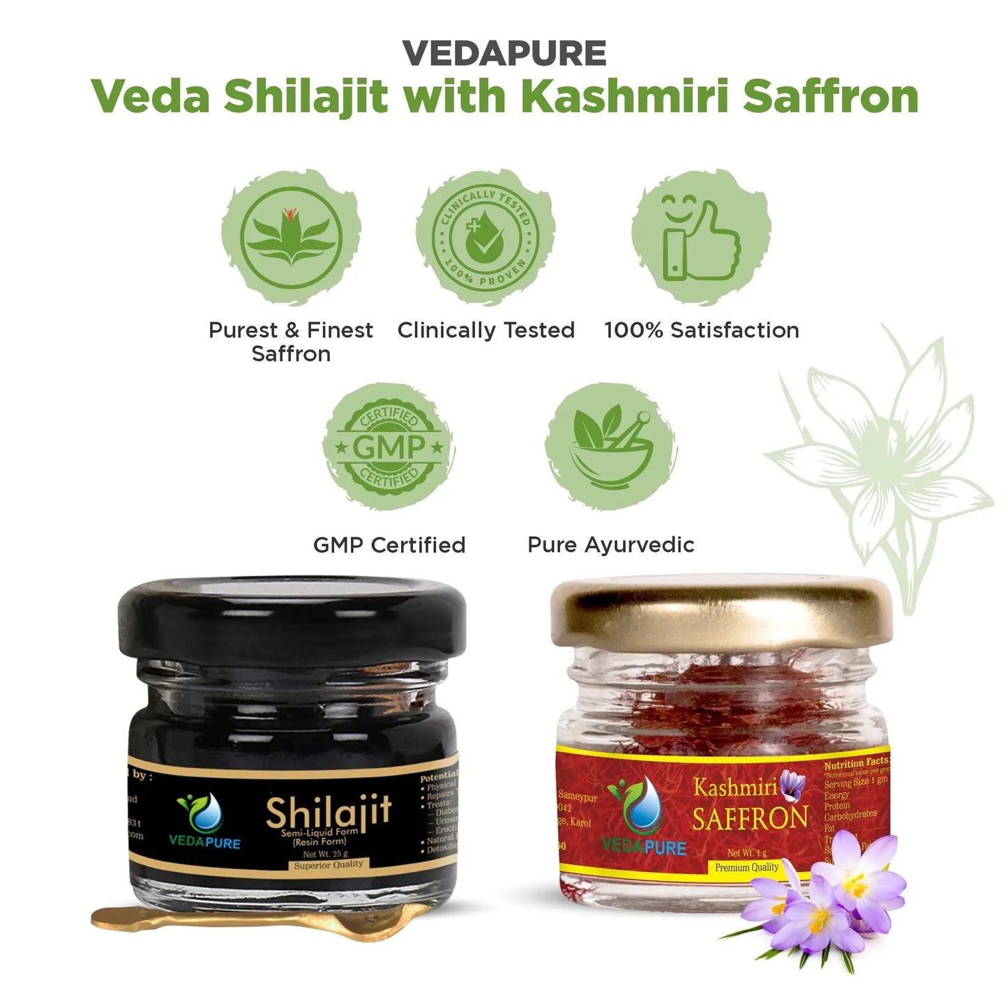 Vedapure Ayurvedic Natural and Pure Raw 25g Shilajit Resin with 1g Kashmir Kesar Saffron Combo Pack Vedapure Naturals